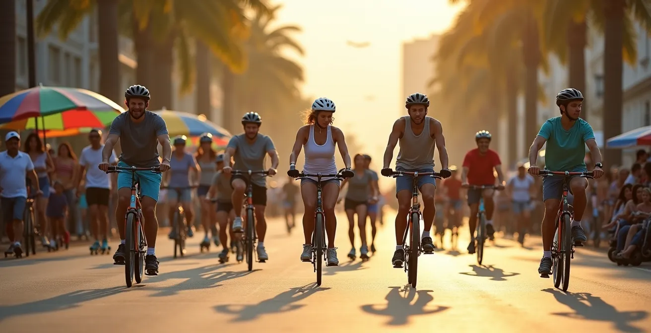 Inlineskater und Familien genießen die autofreie Avenida Atlântica am Sonntag