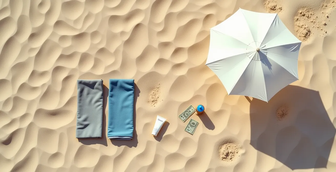 Minimalistischer Strandaufbau mit wenigen Gegenständen unter einem Sonnenschirm