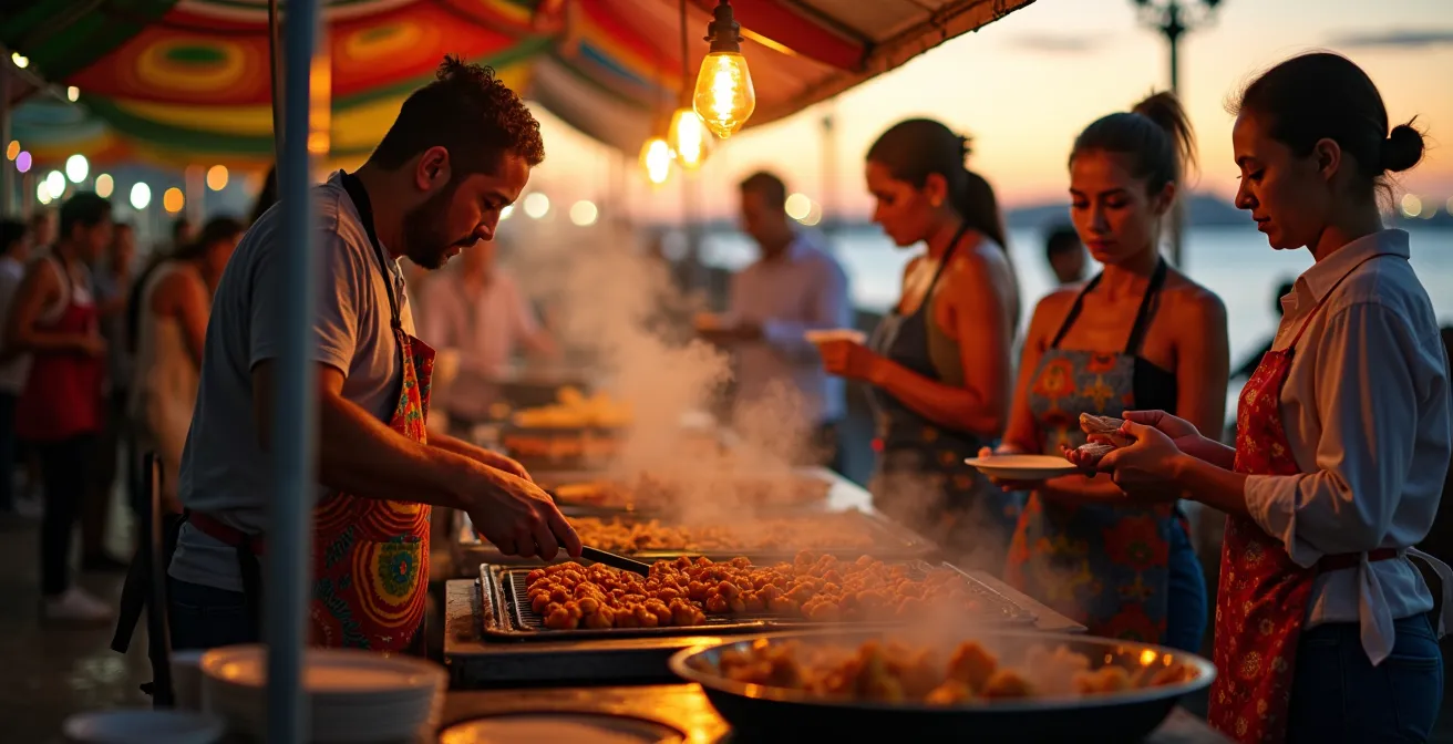 Lebendige Streetfood-Szene am Olympic Boulevard mit bunten Ständen und Besuchern in der Abenddämmerung