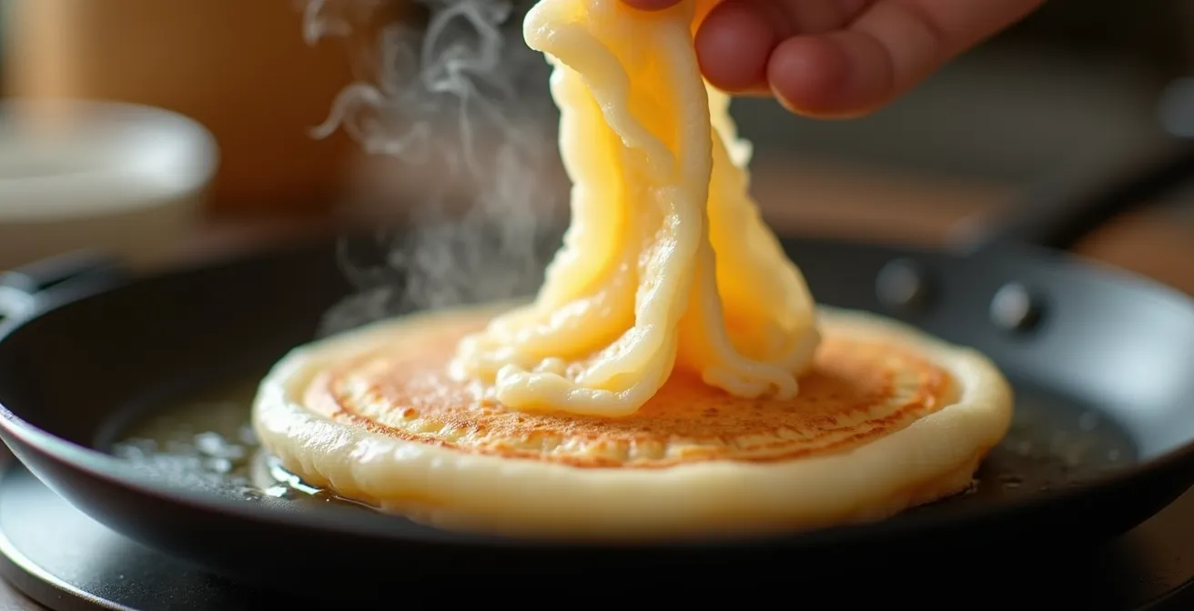Nahaufnahme einer dampfenden Tapioca in der Pfanne mit sichtbarer elastischer Textur