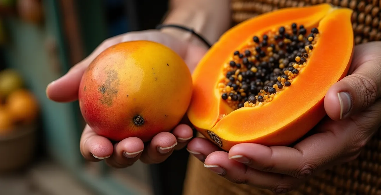 Nahaufnahme reifer Mangos und Papayas mit charakteristischen Reifemerkmalen
