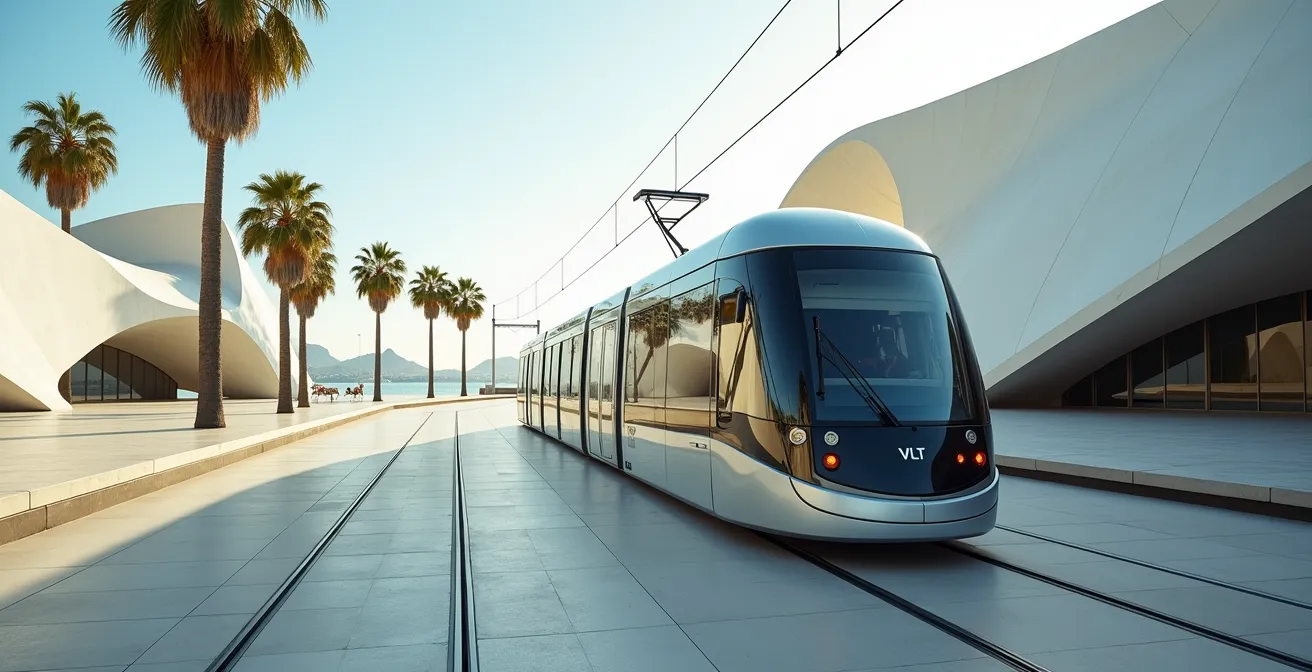 Moderne silberne VLT-Straßenbahn vor futuristischem Museu do Amanhã mit Palmen