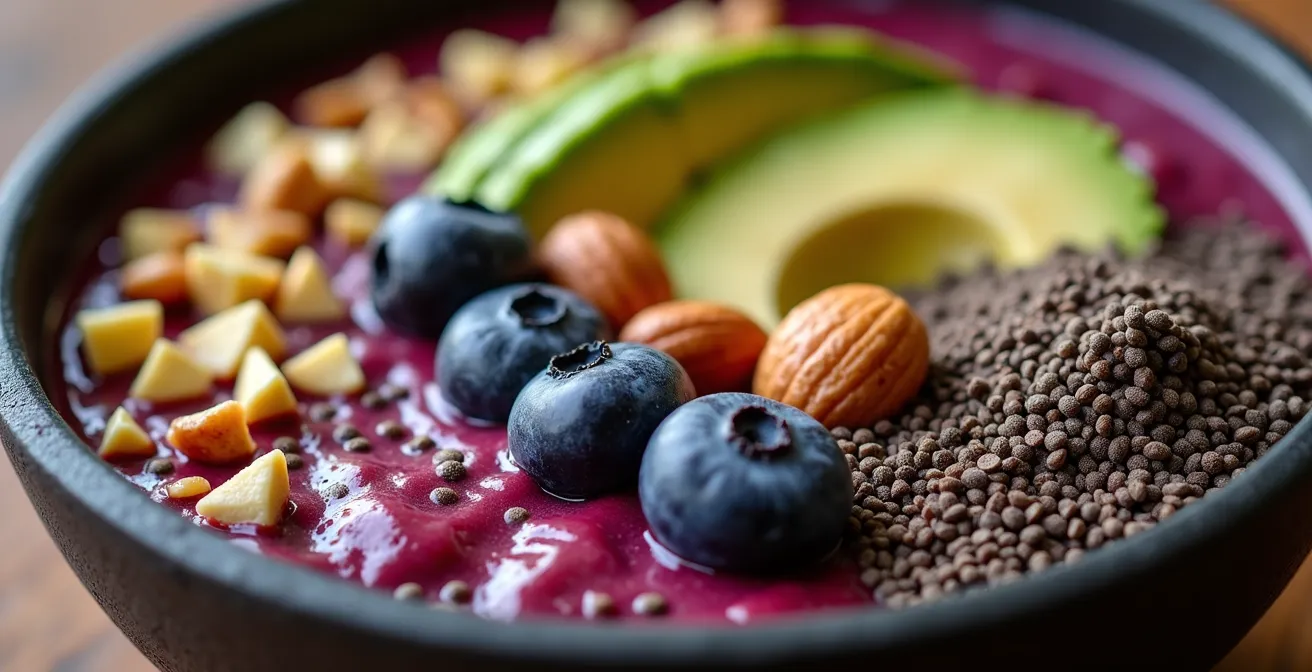 Nährstoffreiche Açaí-Bowl mit Proteinen und gesunden Fetten