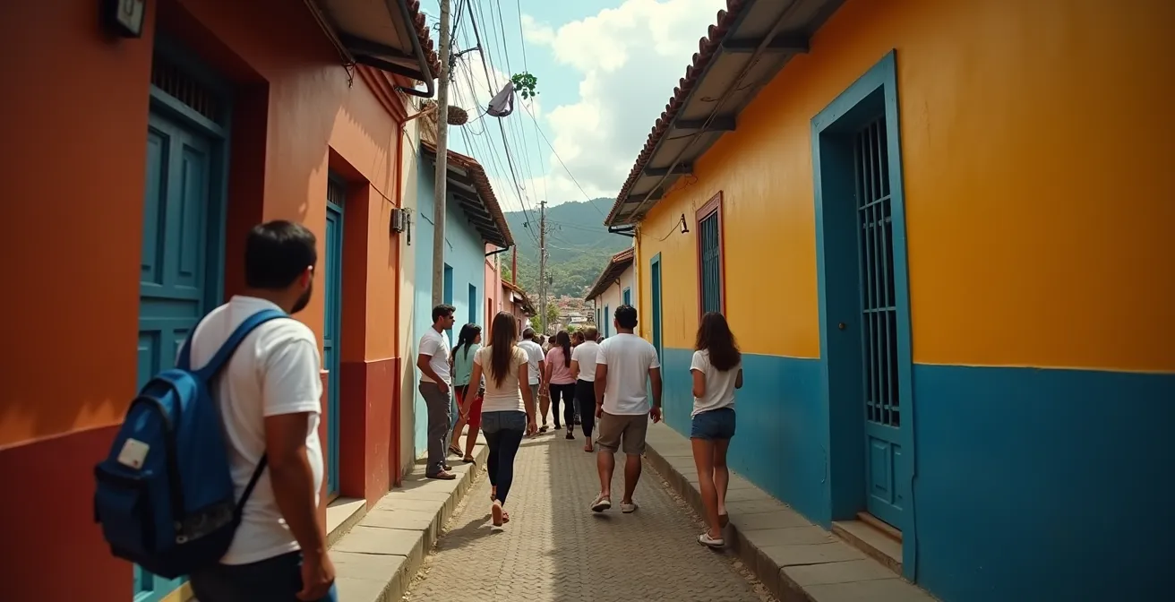Kleine Gruppe von Touristen beim respektvollen Spaziergang durch enge Gassen einer Favela mit lokalem Guide