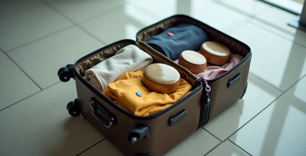 Reisegepäck mit sicher verpackten brasilianischen Percussion-Instrumenten am Flughafen Reisegepäck mit sicher verpackten brasilianischen Percussion-Instrumenten am Flughafen